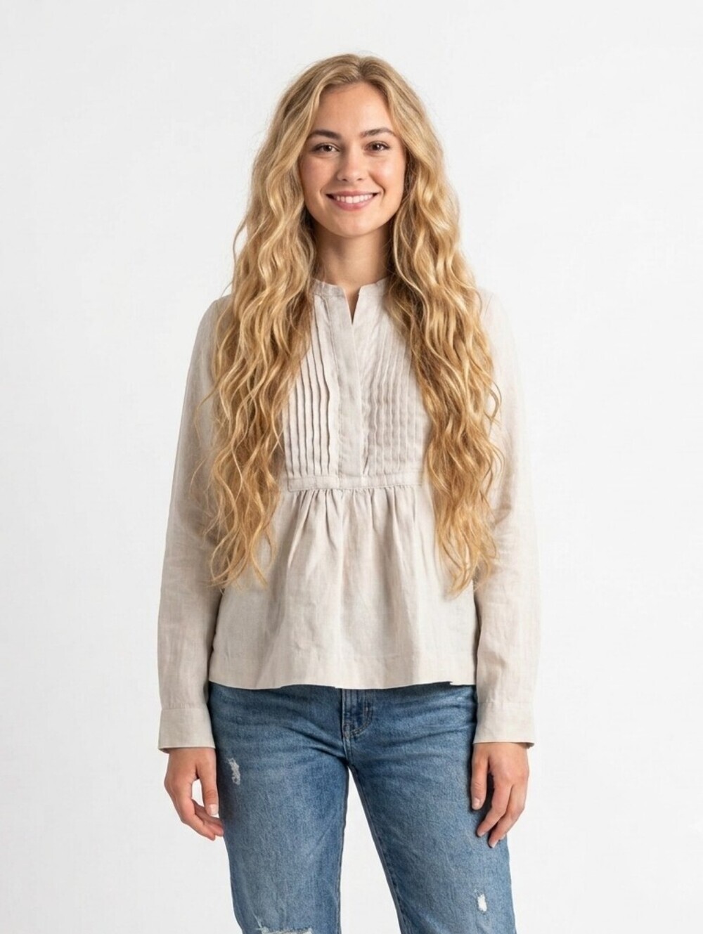 James Perse Los Angeles 100% Linen Pintuck Pleated Top Beige Blouse - Size 0